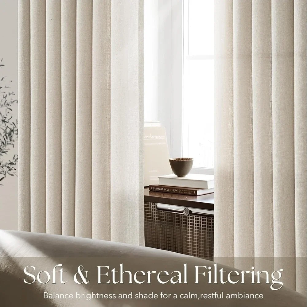 90 Inch Linen Curtains 2 Panel Set for Living Room Natural Beige Pinch Pleat